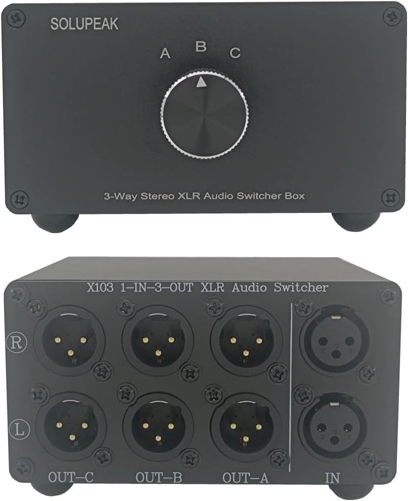 SOLUPEAK 1 in 3 Out XLR Balanced Audio Switch Box, 3-Channels XLR Stereo Converter,Passive Signal Source Audio Input Selector Switcher Splitter 1-to-3 Box (X103) - Image 1